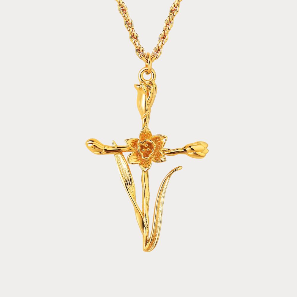 Floral Cross March Daffodil Birth Flower Necklace