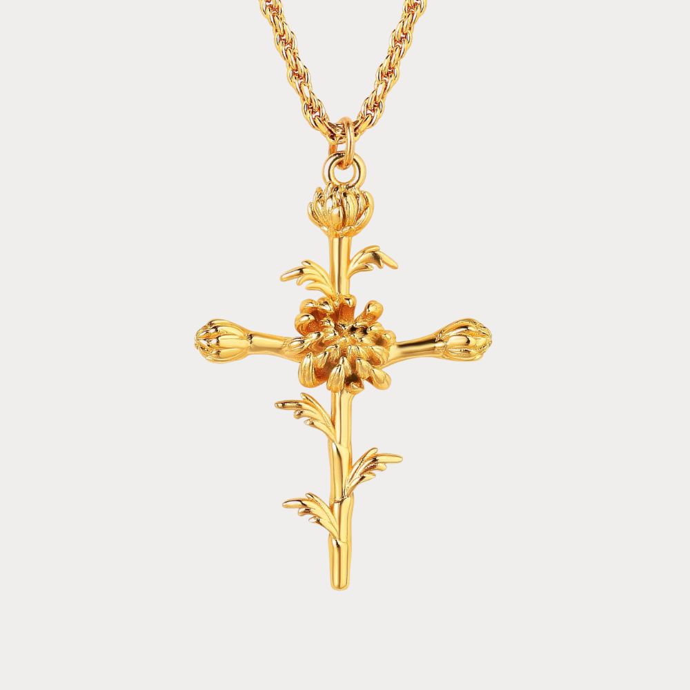 Floral Cross November Chrysanthemum Birth Flower Necklace
