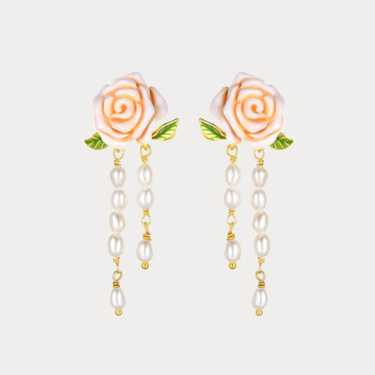 Champagne Rose Flower Pearl Earrings