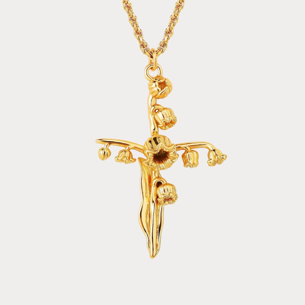 Floral Cross May Lily of the Valley Birth Flower Necklace