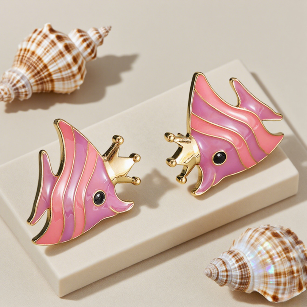 Pink Crown Fish Earrings