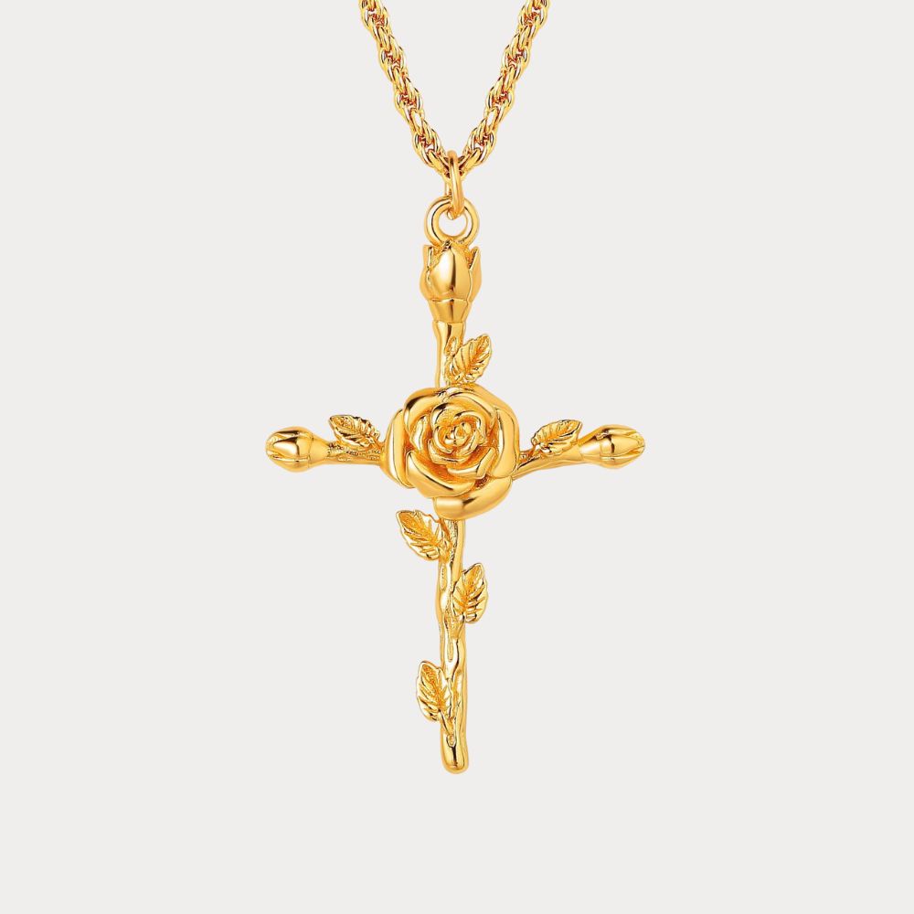 Floral Cross June Rose Birth Flower Necklace
