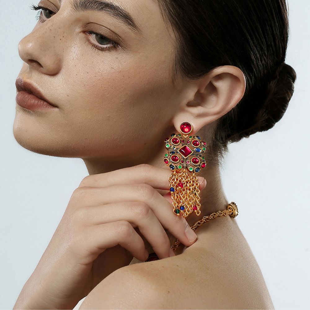 Vintage Scarlet Charm Tassel Earrings