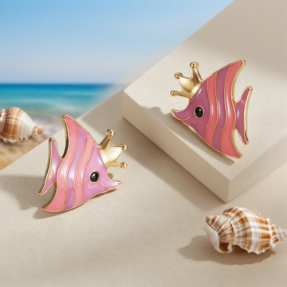 Pink Crown Fish Earrings
