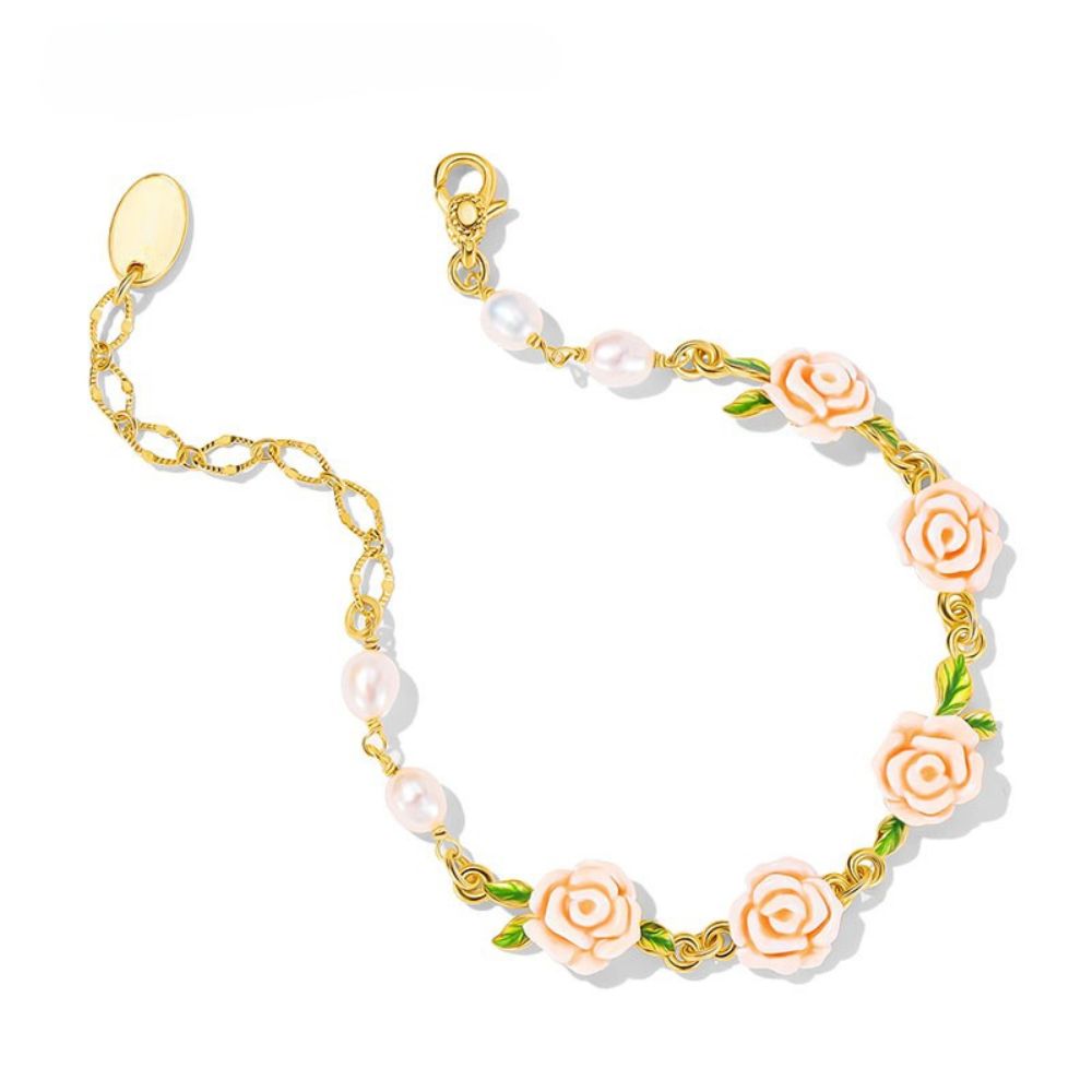 Champagne Rose Flower Pearl Bracelet