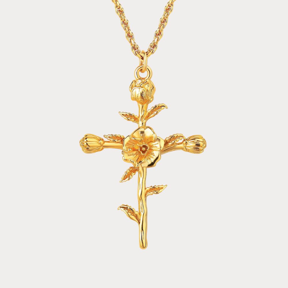 Floral Cross August Poppy Birth Flower Necklace