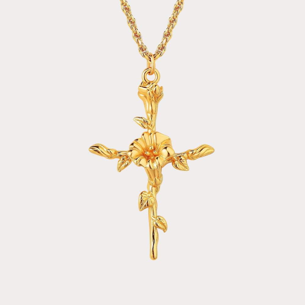 Floral Cross September Morning Glory Birth Flower Necklace