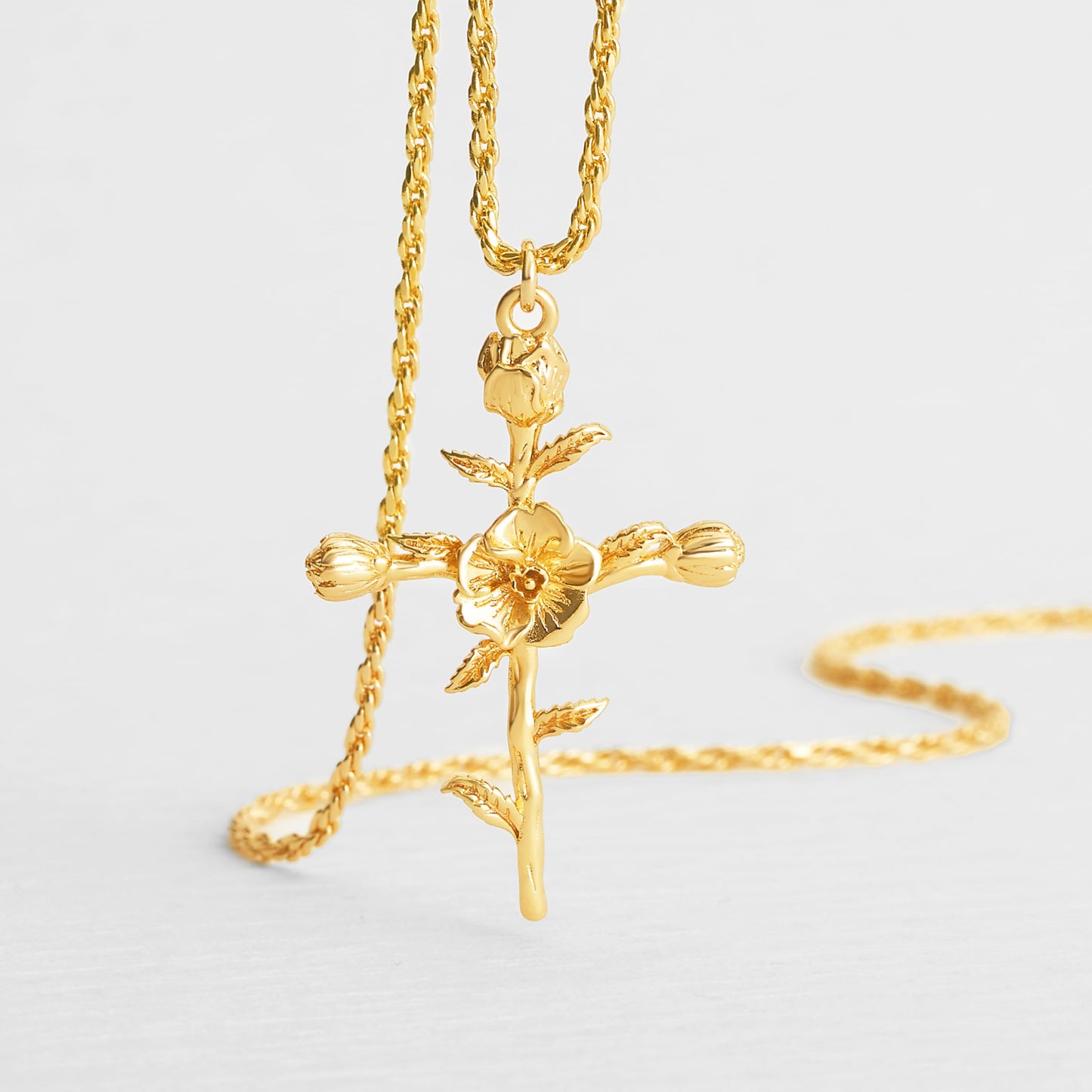 Floral Cross August Poppy Birth Flower Necklace