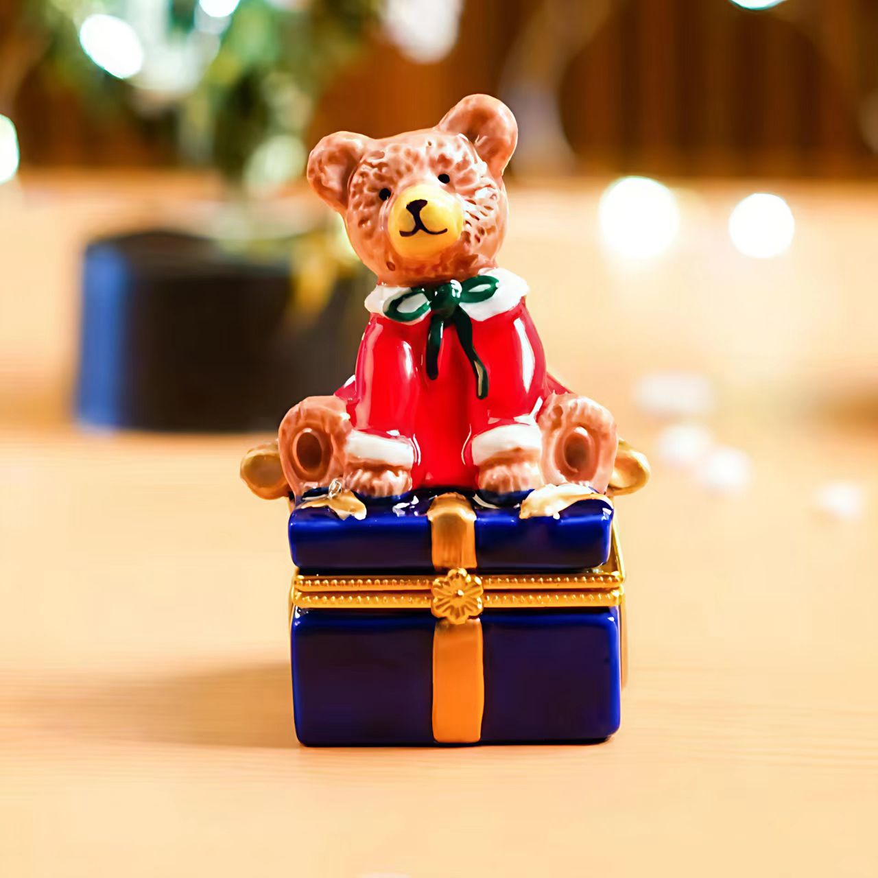 Christmas Bear on Gift Box Trinket Box