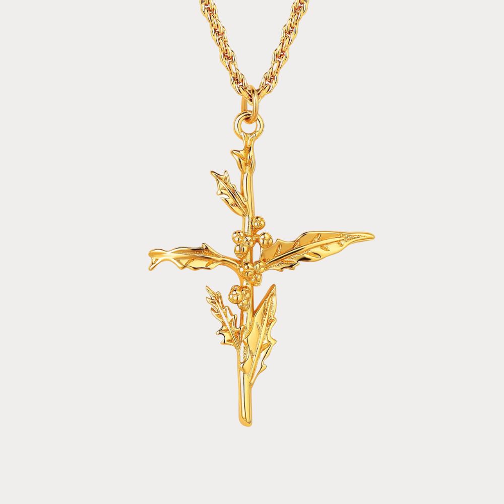 Floral Cross December Holly Birth Flower Necklace