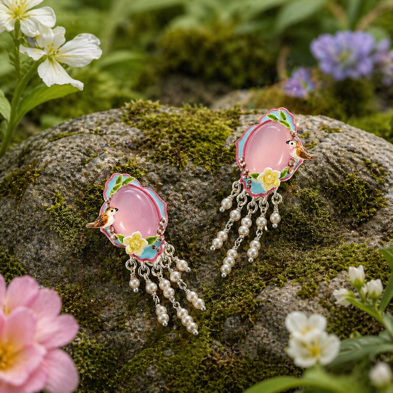 Pink Agate Garden Bird Tassel Earrings