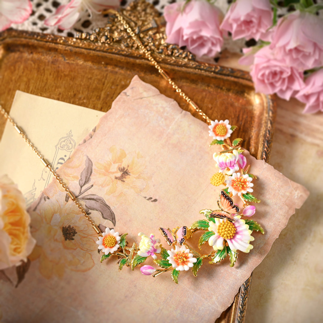 Close-up of Daisy Ladybug Necklace among flowers and textured paper