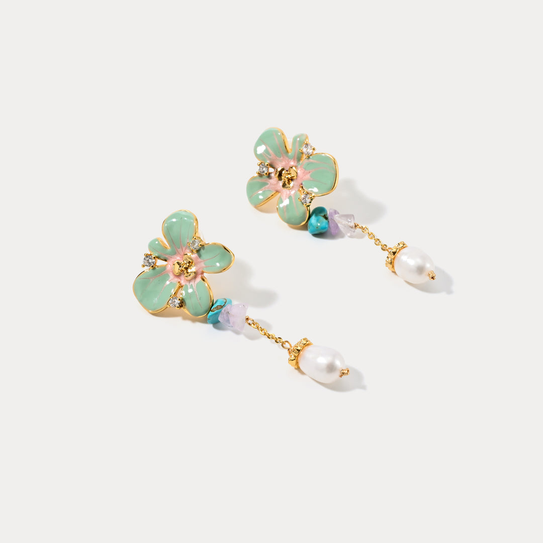 Oil Painting Flower Pearl Earrings