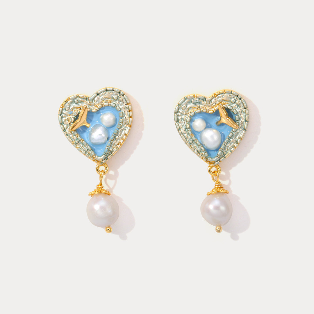 Mermaid Tail Heart Earrings with Pearl