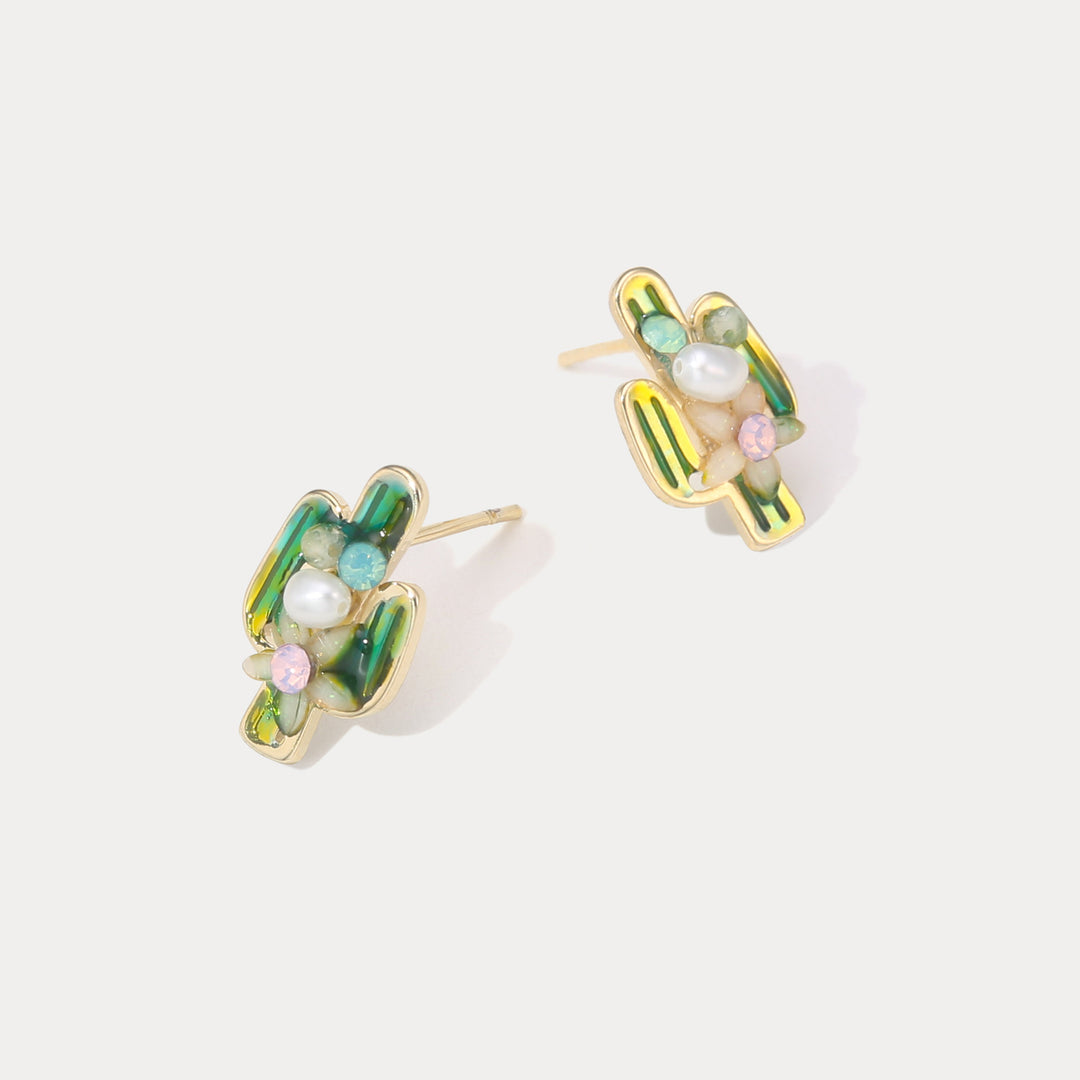 Cactus Stud Earrings with Pearl