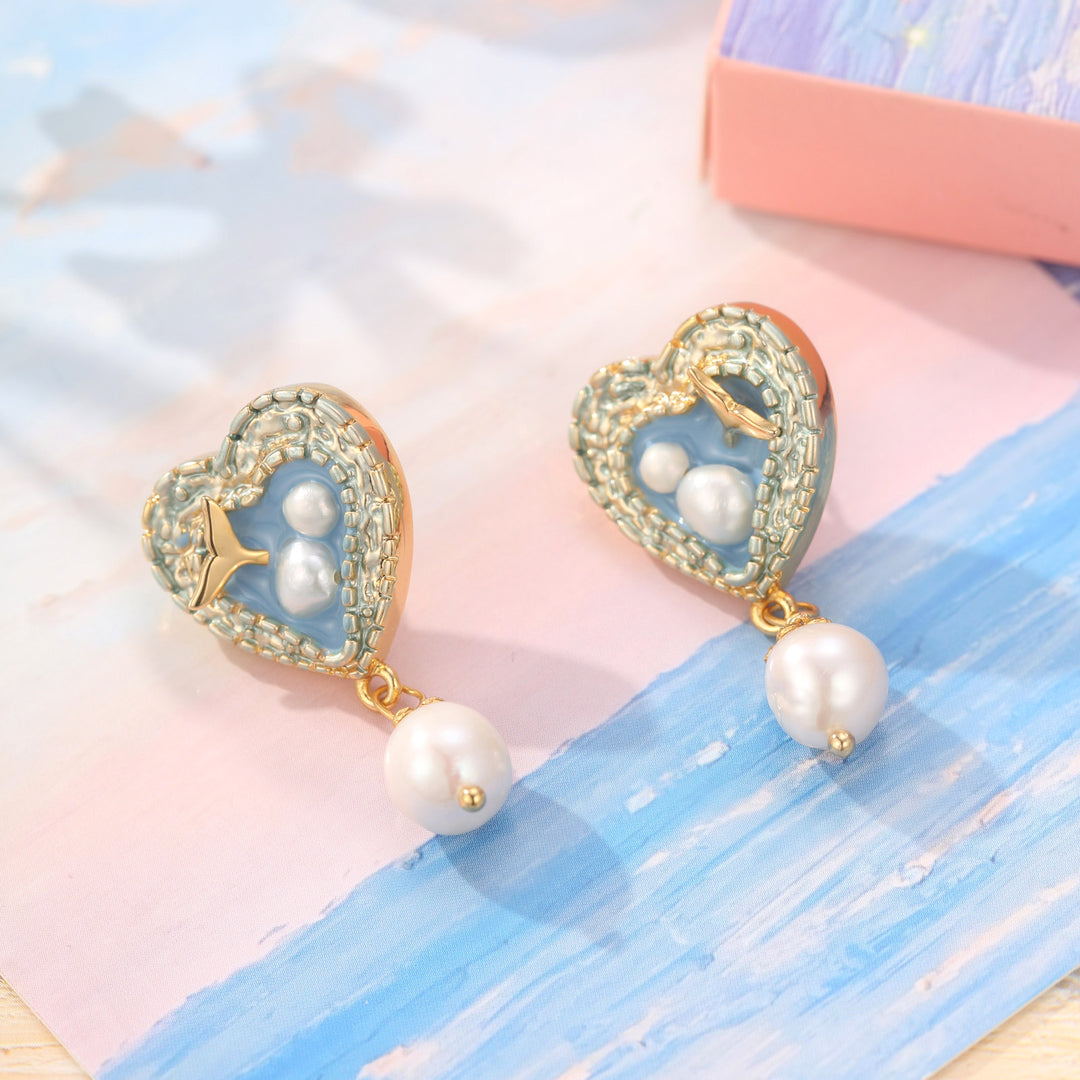 Mermaid Tail Heart Earrings with Pearl