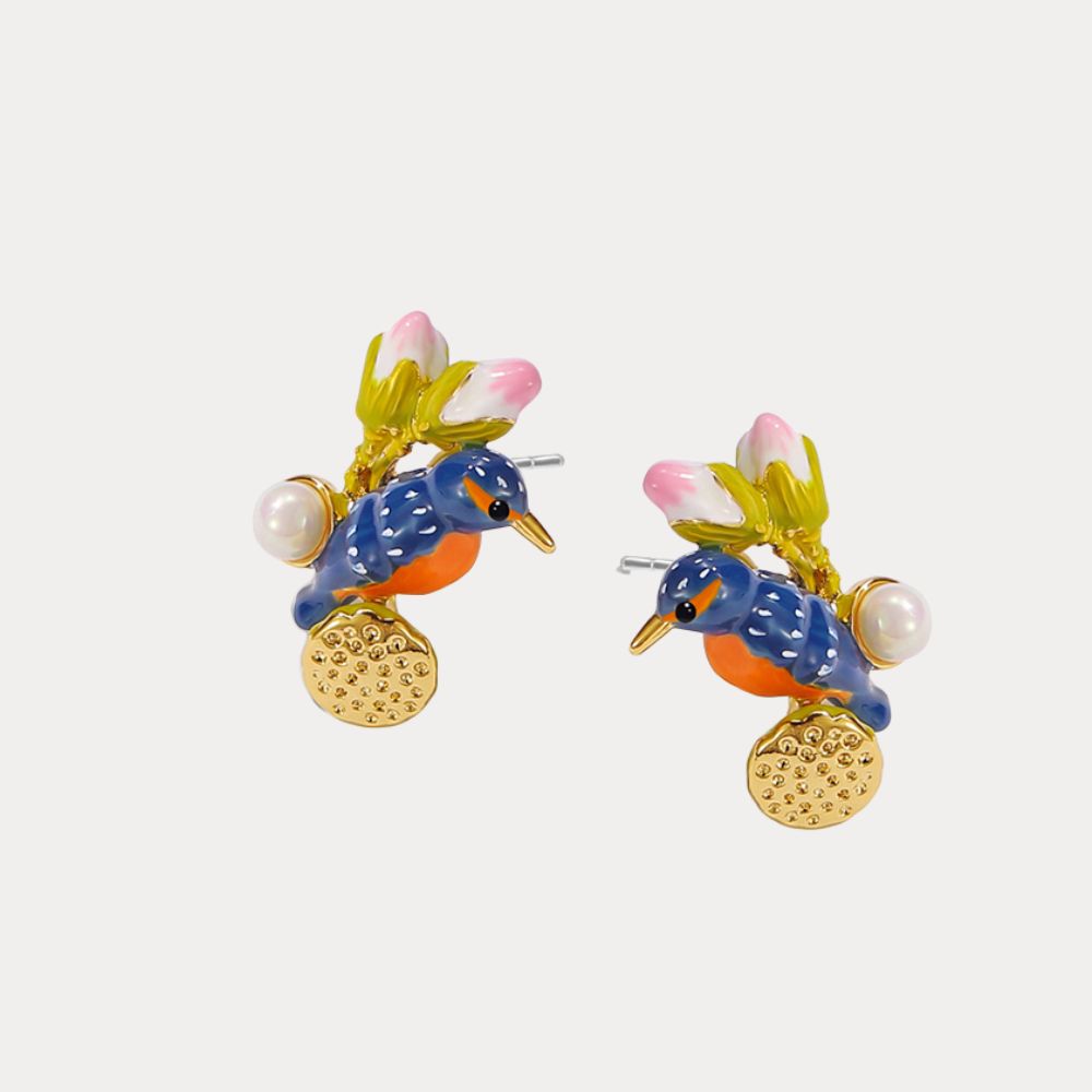 Front-facing product image of Kingfisher Lotus Stud Earrings with a symmetrical arrangement of blue kingfishers and botanical details.