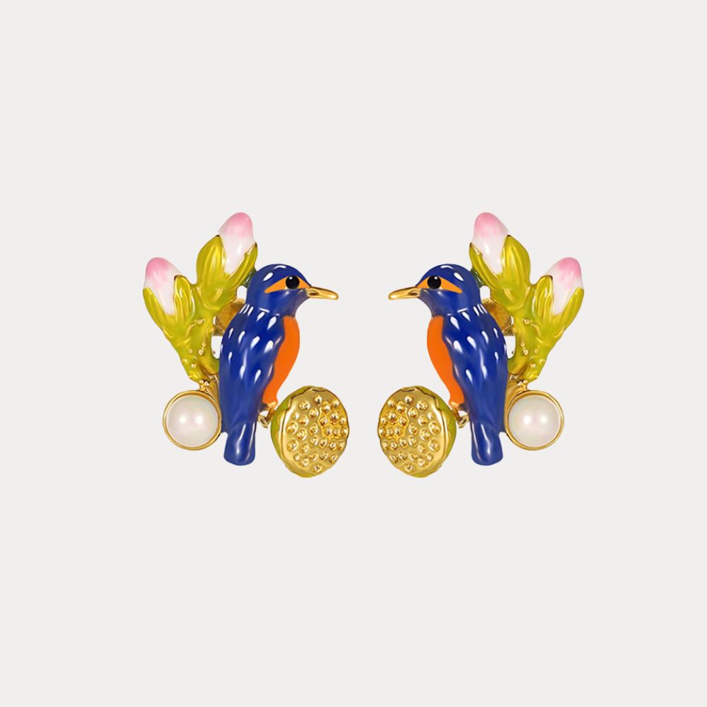 Pair of stud earrings featuring blue enamel kingfishers perched on golden lotus pods with pink flower buds and a pearl detail.