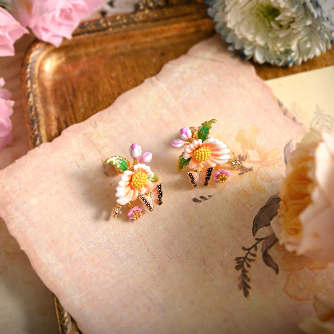 Close-up of the Lotus Dragonfly Bracelet styled on floral vintage paper with soft flower decor.