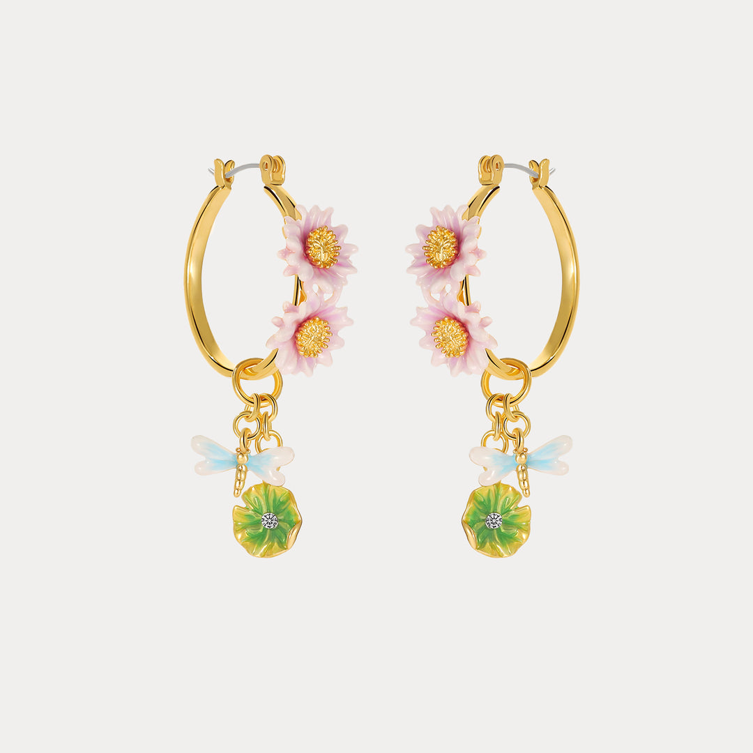 Front-facing display of Lotus Dragonfly Hoop Earrings showing both earrings with floral and dragonfly detailing symmetrically arranged.