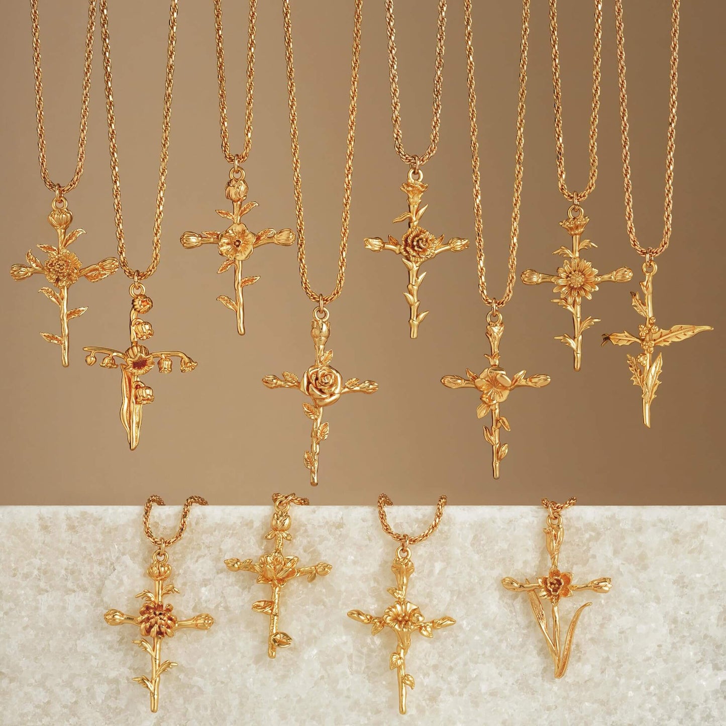 Floral Cross Birth Flower Neckalce