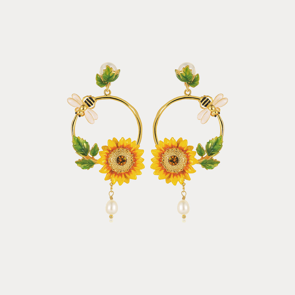 Sunflower Hoop Earrings With Pearl