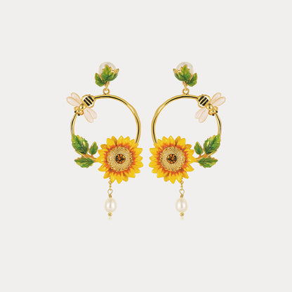 Sunflower Hoop Earrings With Pearl