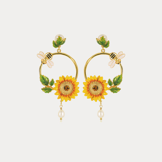 Sunflower Hoop Earrings With Pearl