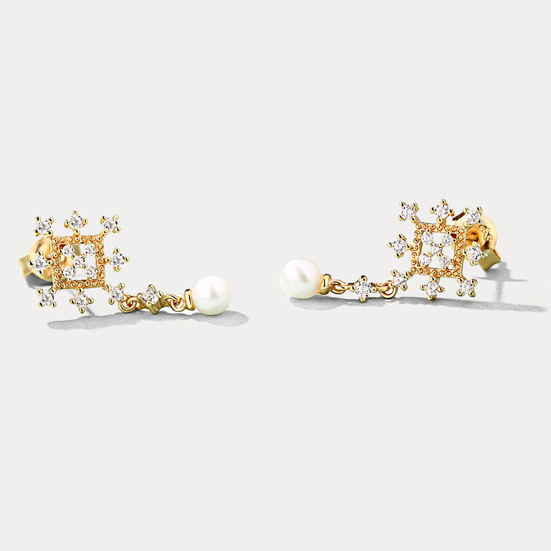 Gold Snowflake Pearl Earrings