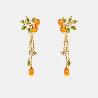 Golden Apricot Flower Tassel Earrings