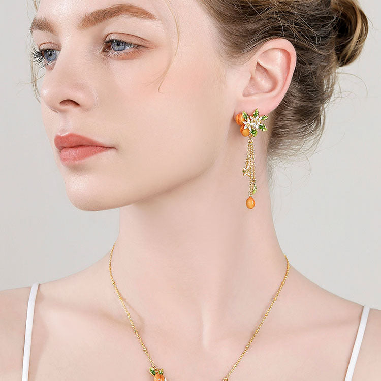 Golden Apricot Flower Tassel Earrings