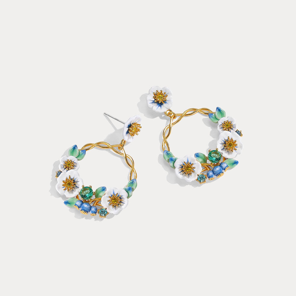 Blueberry Flower Dangle Hoop Earrings