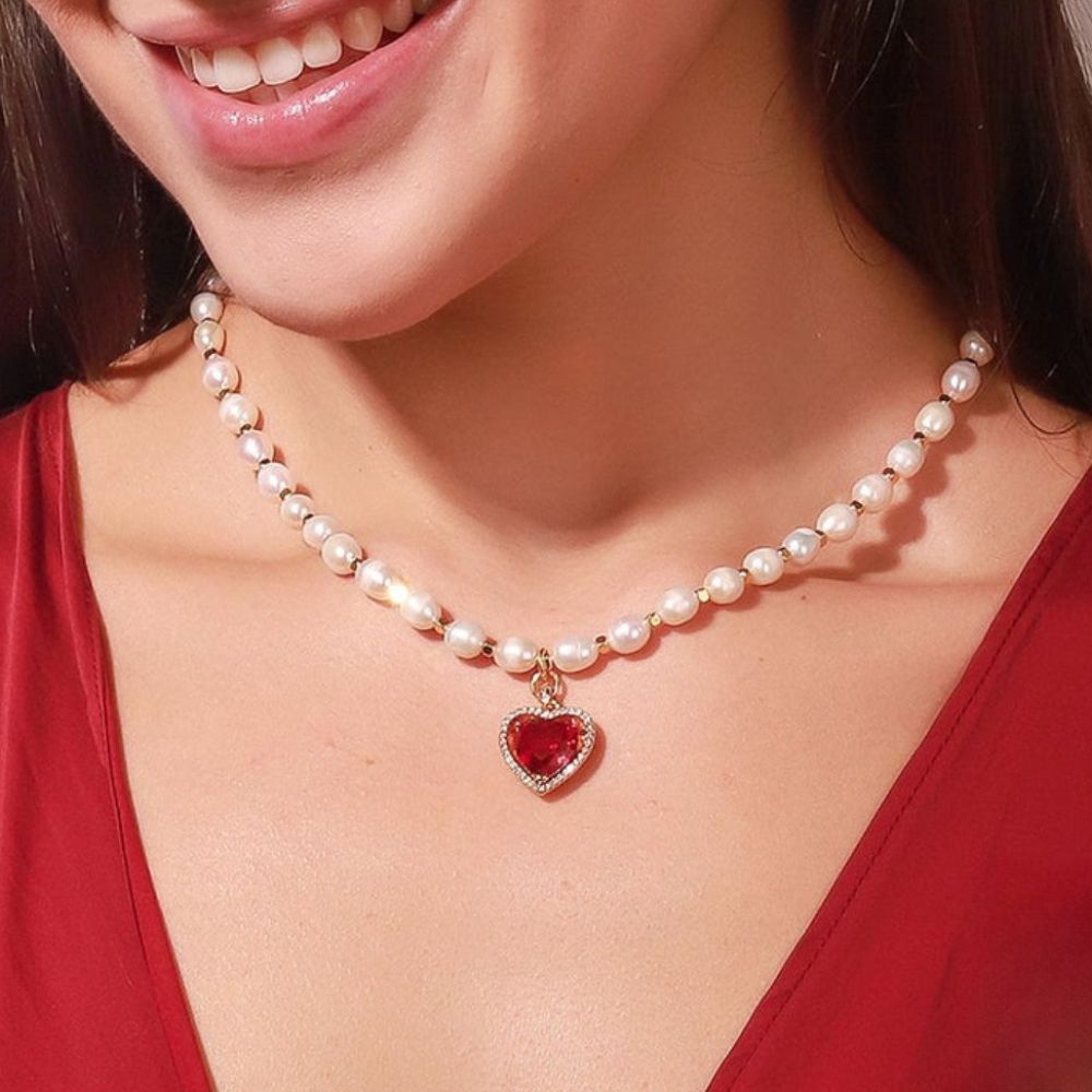 Heart Gem Pearl Necklace