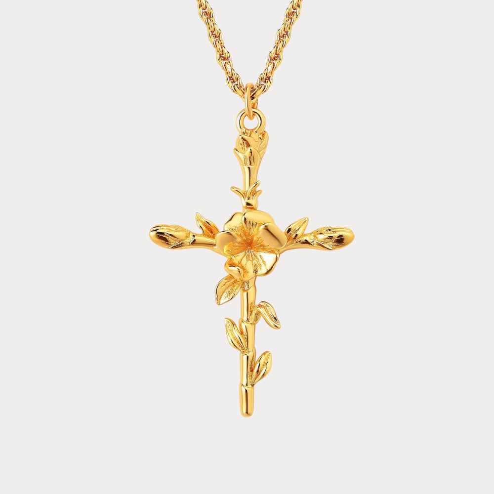Floral Cross February Violet Birth Flower Necklace