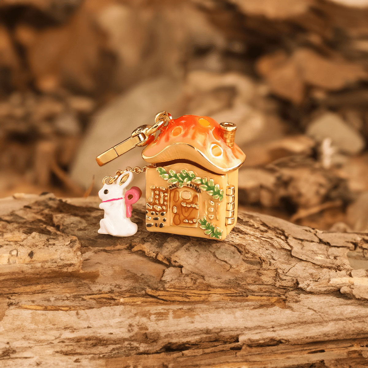 Mushroom House Locket Pendant With Rabbit