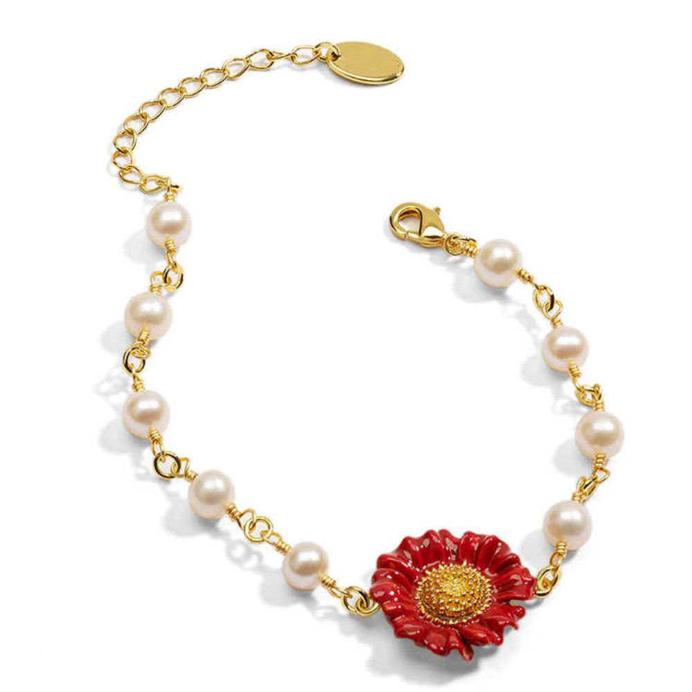 Red Daisy Pearl Bracelet