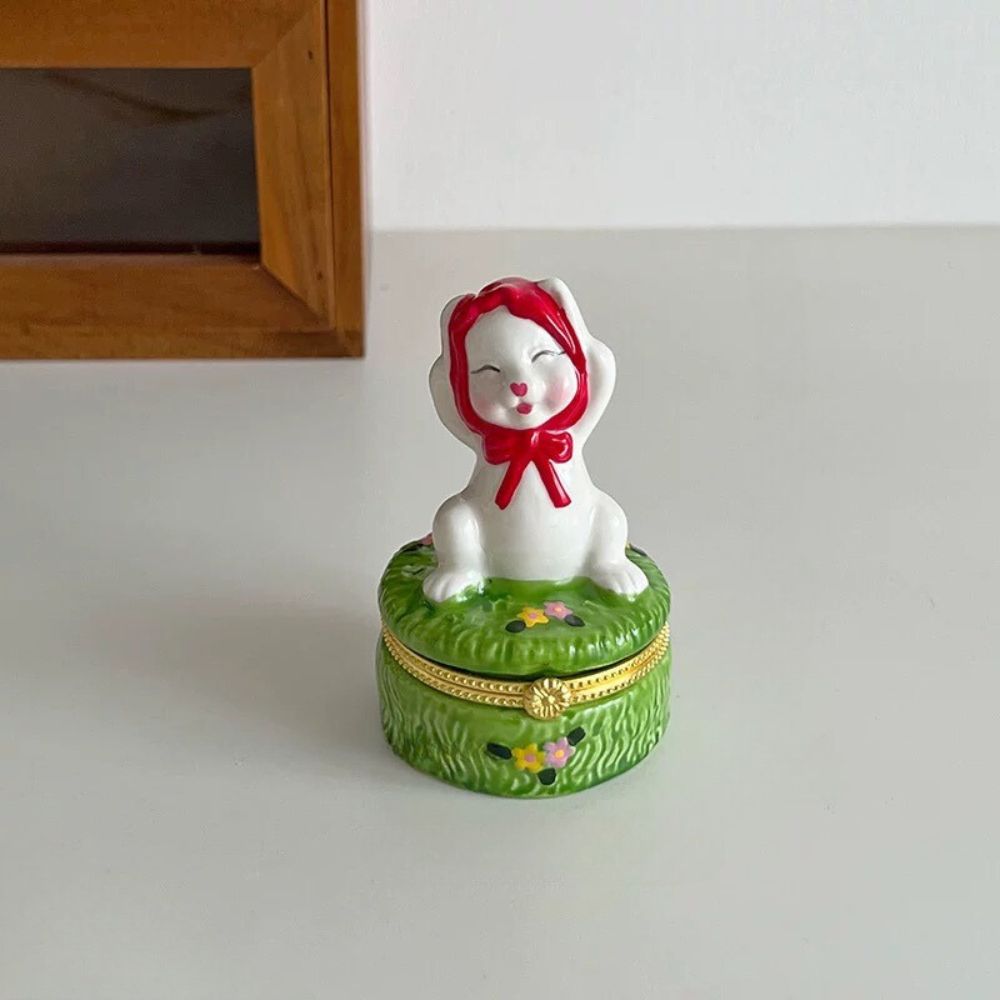 Bunny With Red Ribbon Trinket Box