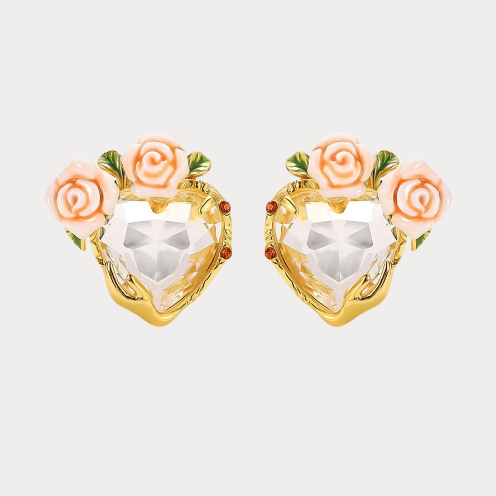 Champagne Rose Flower Heart Earrings