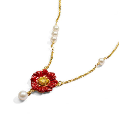 Red Daisy Pearl Drop Necklace