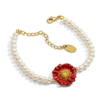 Red Daisy Pearl Bracelet