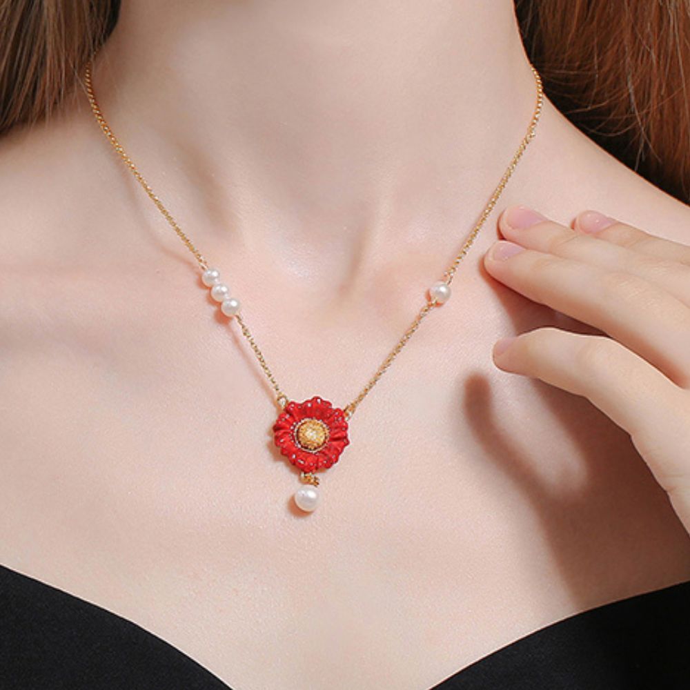 Red Daisy Pearl Drop Necklace