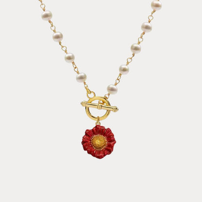 Red Daisy Toggle Pearl Necklace