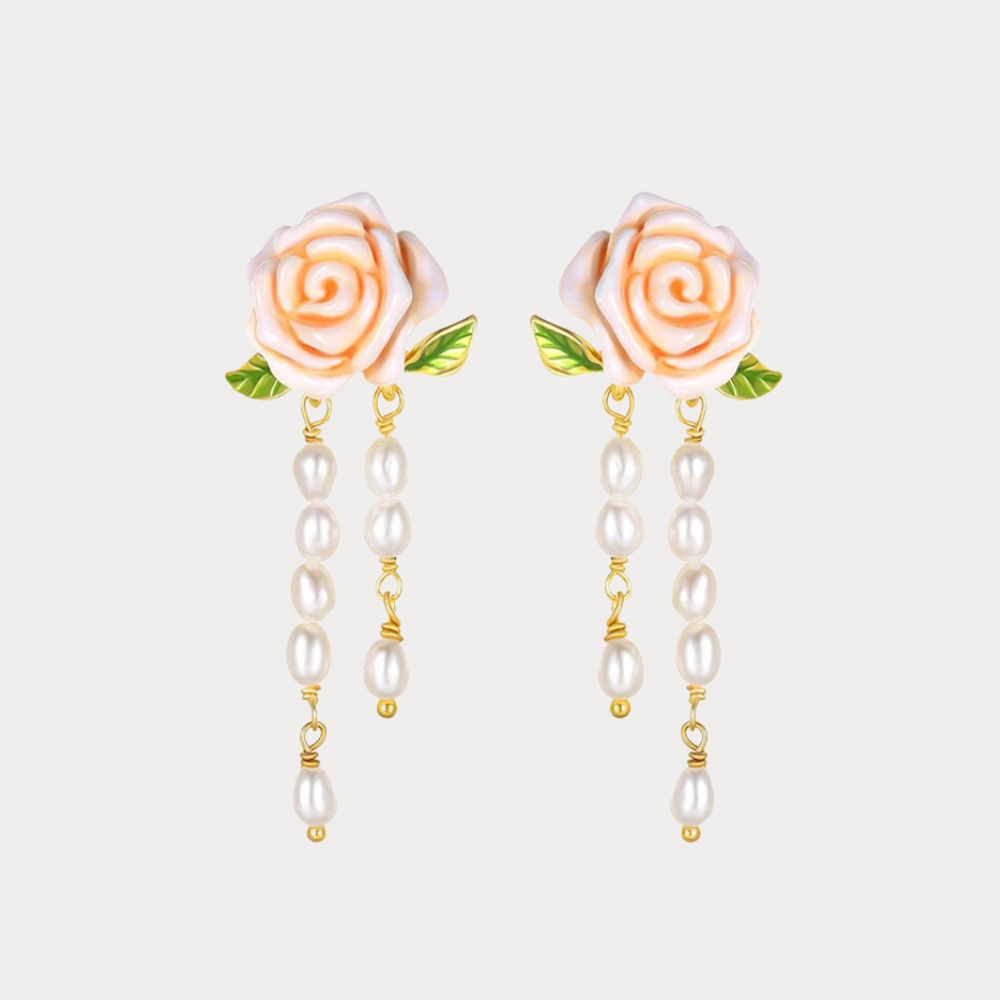 Champagne Rose Flower Pearl Earrings