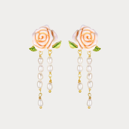 Champagne Rose Flower Pearl Earrings