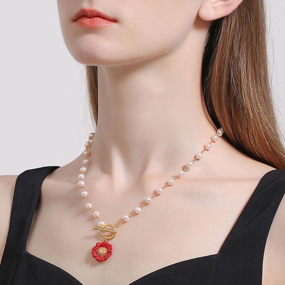 Red Daisy Toggle Pearl Necklace