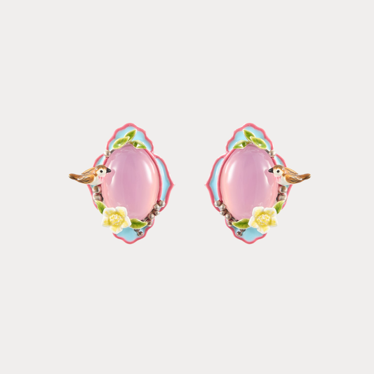 Pink Agate Garden Bird Stud Earrings
