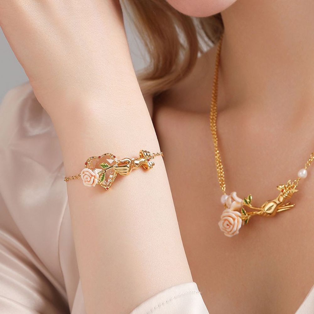Champagne Rose Flower Heart Bracelet