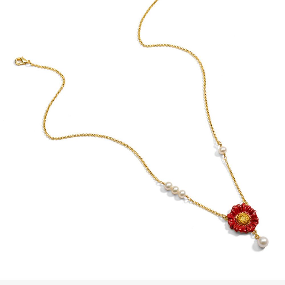 Red Daisy Pearl Drop Necklace