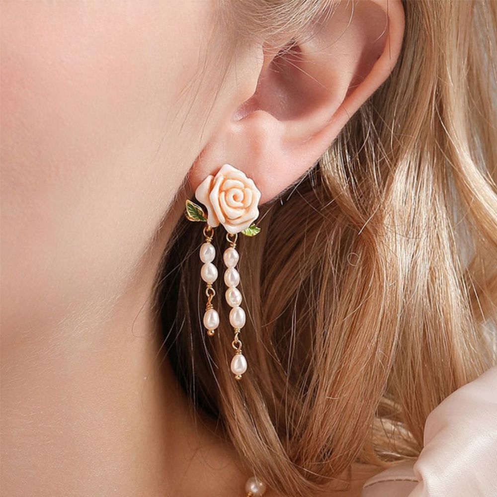 Champagne Rose Flower Pearl Earrings