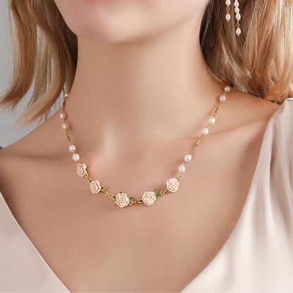 Champagne Rose Flower Pearl Necklace
